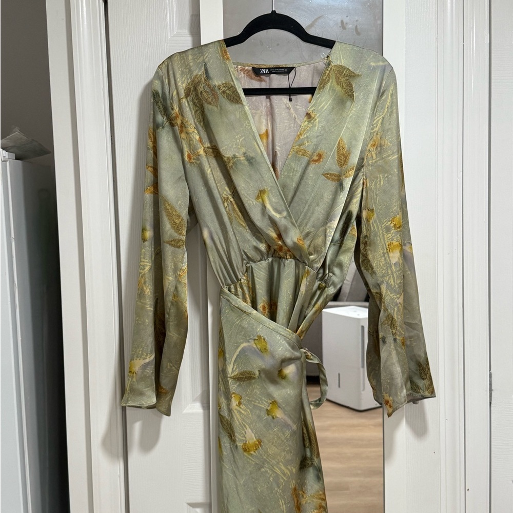 Zara Olive & Lilac Satin Effect Wrap Dress